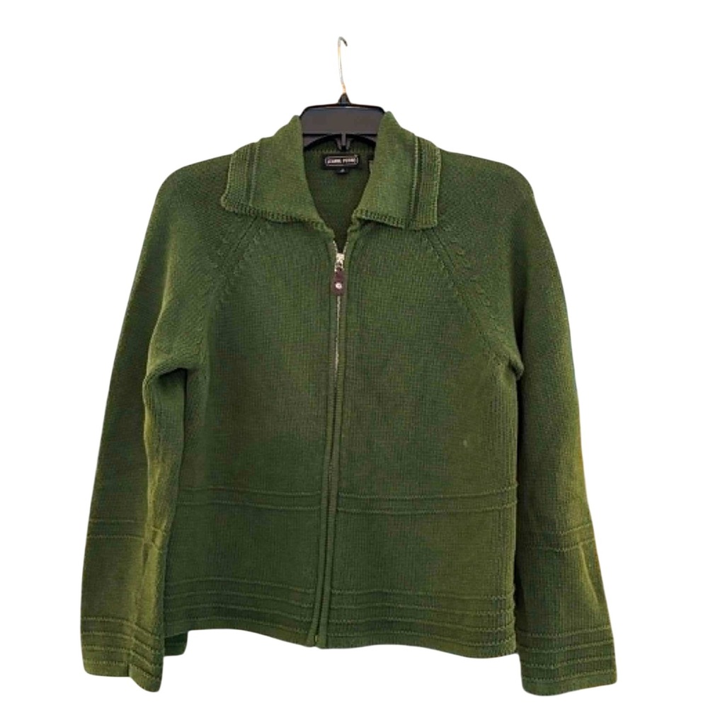 Jeanne Pierre Full Zip Sweater Womens Small Green Cotton Cardigan Preppy Coastal